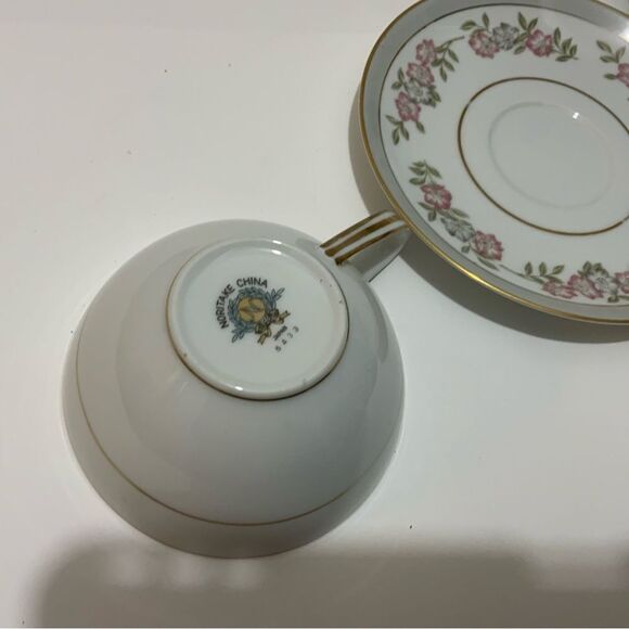 Noritake 5433  Cup & Saucer Dark Pink and Gray Floral VTG Japan G5 - Picture 3 of 6